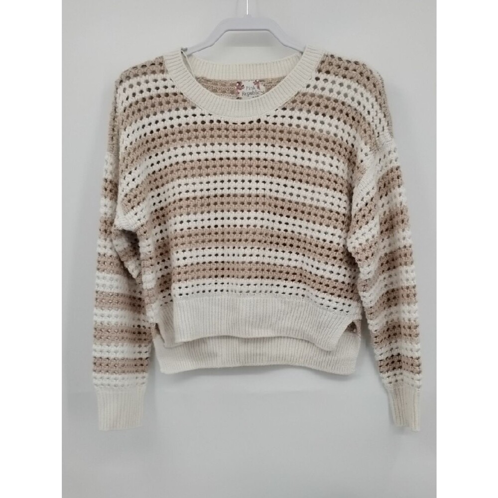 Pink Republic Cream Brown Cropped Open-Knit Striped Crew Sweater M